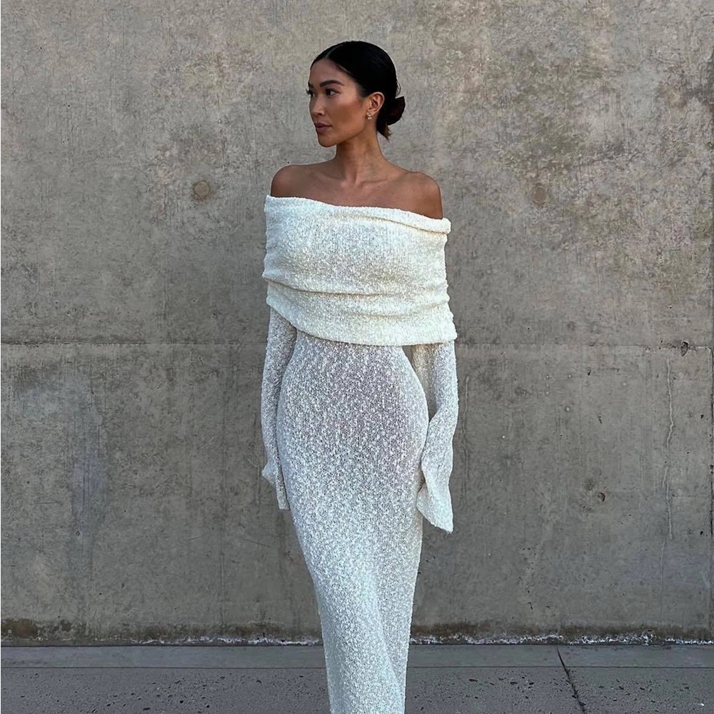 Meshki Off-Shoulder Boucle Dress